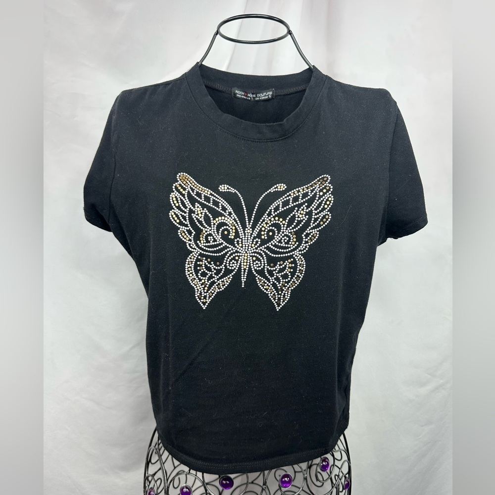 Rock Rose Couture gold and white butterfly baby tee size L